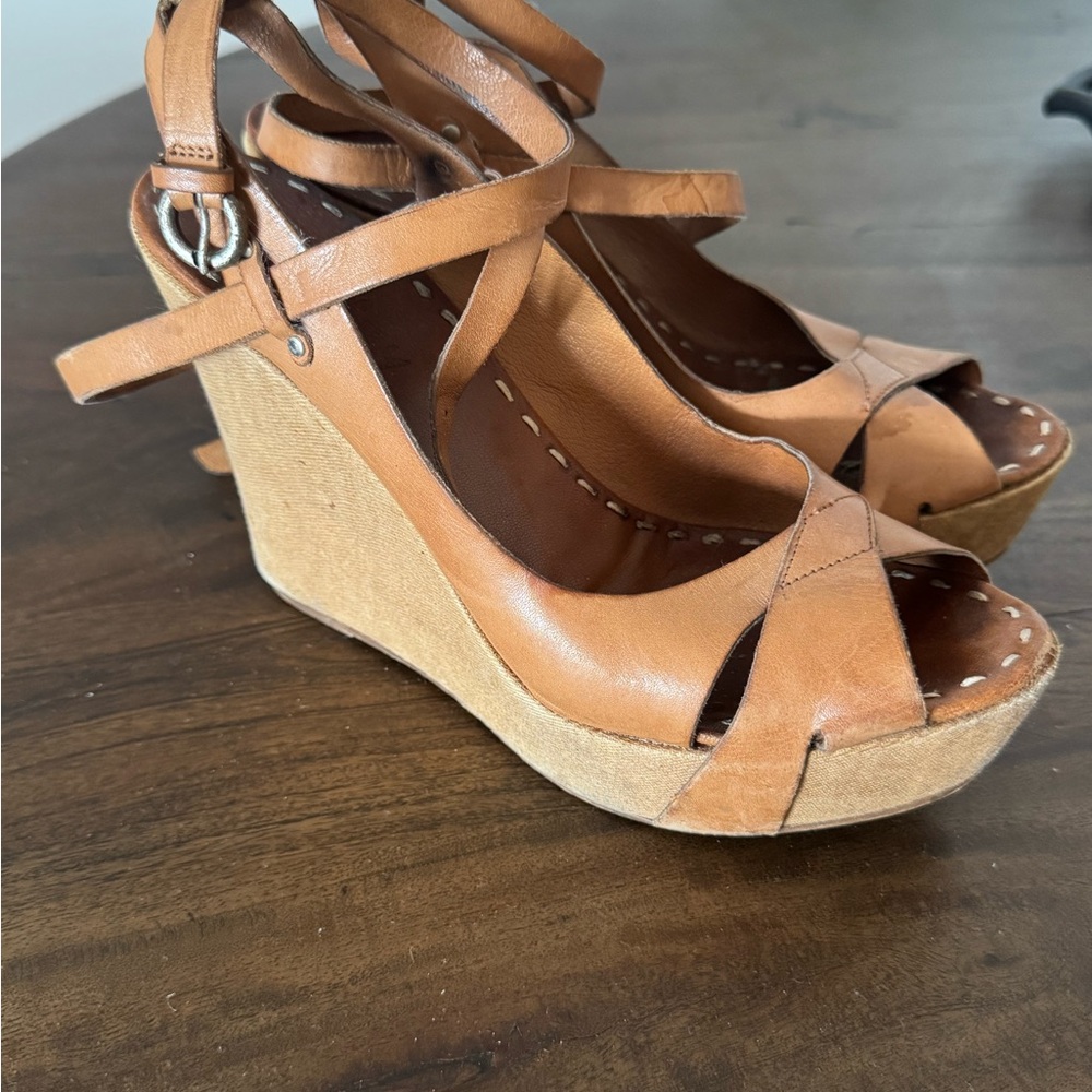 French Sole Brown Wedge Sandals with Ankle Wrap Straps